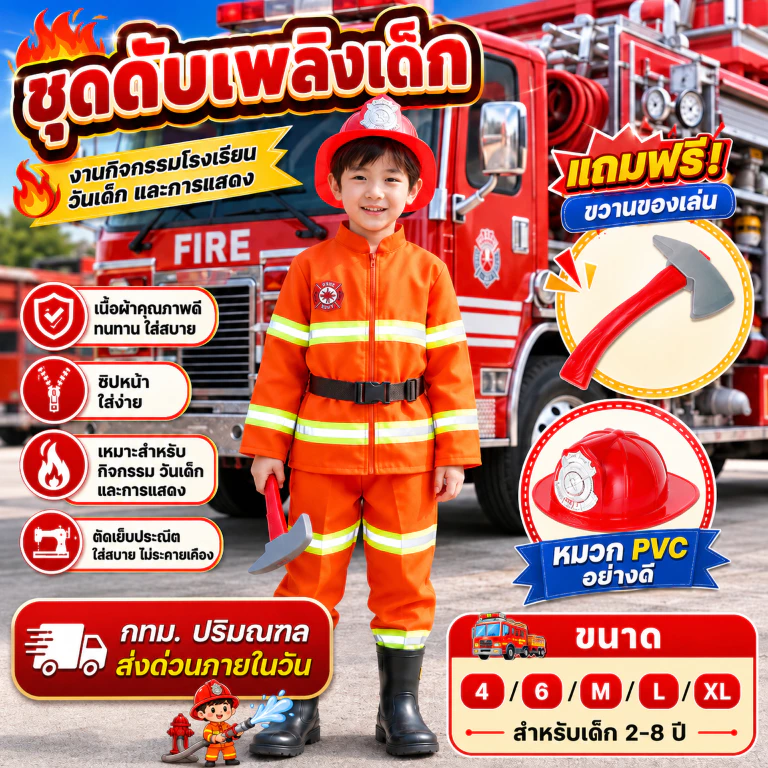 (KIDCITY) ชุดดับเพลิงเด็ก ชุดผจญเพลิงเด็ก แถมขวานของเล่น ชุดอาชีพเด็ก