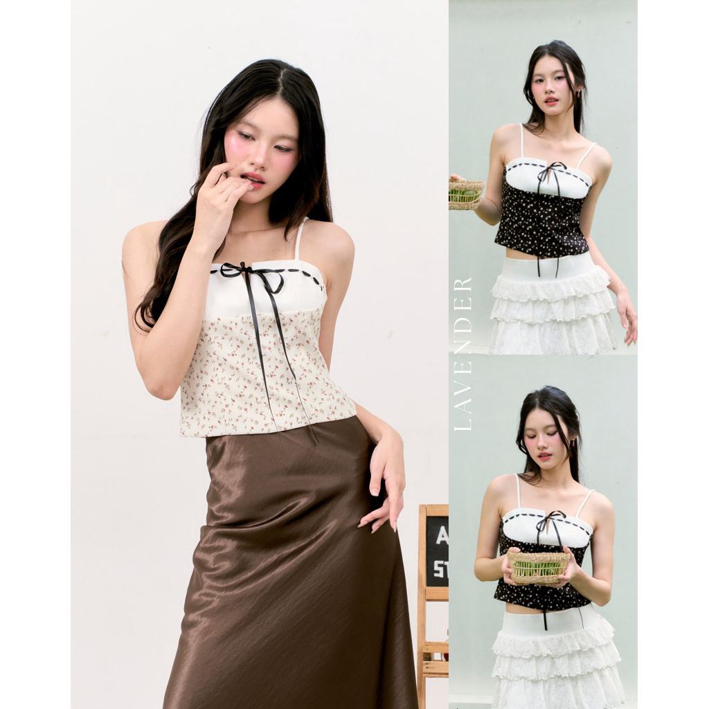 LAVENDER TOP (เฉพาะเสื้อ) สายเดี่ยวดีเทลใช้ผ้าสองแบบมาแมตช์กัน พร้อมโบว์ผูกด้านหน้า