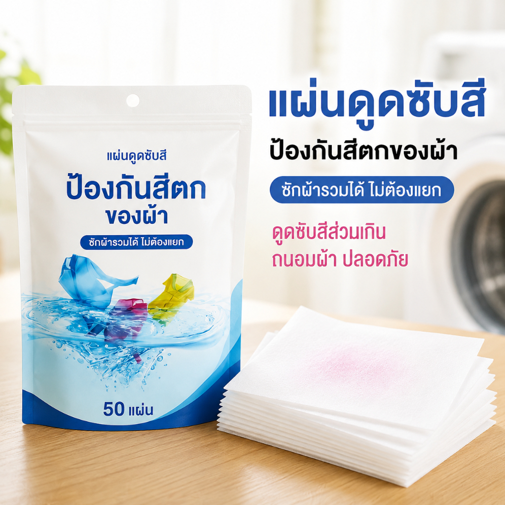 THE แผ่นดักจับสีตกในเครื่องซักผ้า ป้องกันสีตกปนเปื้อน ซักผ้ารวมได้ ไม่ต้องแยกผ้า 50 แผ่น