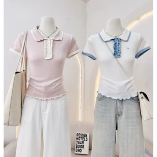 WA YA เสื้อไหมพรมเข้ารูปกระดุมอกแต่งระบาย