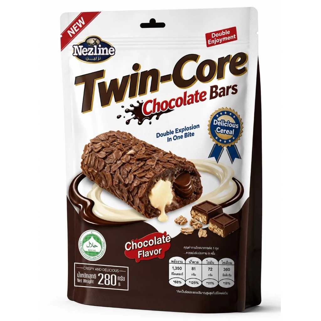 (1 ห่อ) Twin-Core Chocolate Bars ใหม่! ขนมเวเฟอร์เคลือบโอ๊ต 280 กรัม สอดไส้ครีม นม และช็อกโกแลต ตราเนสไลน์ ช็อกโกแลต