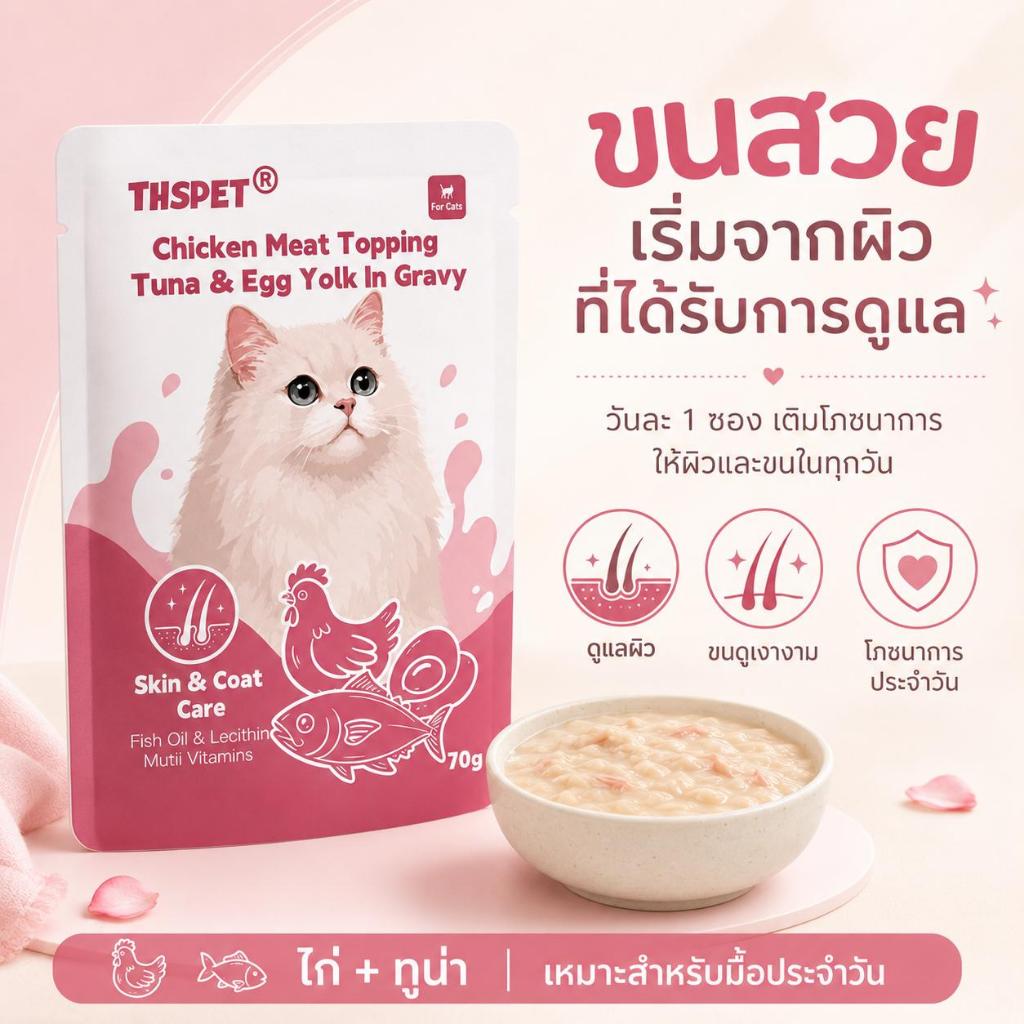 THSPET อาหารแมวเปียก 70g สูตรบำรุงขน รสไก่ ปลาทูน่า ไข่แดง และน้ำเนื้อ