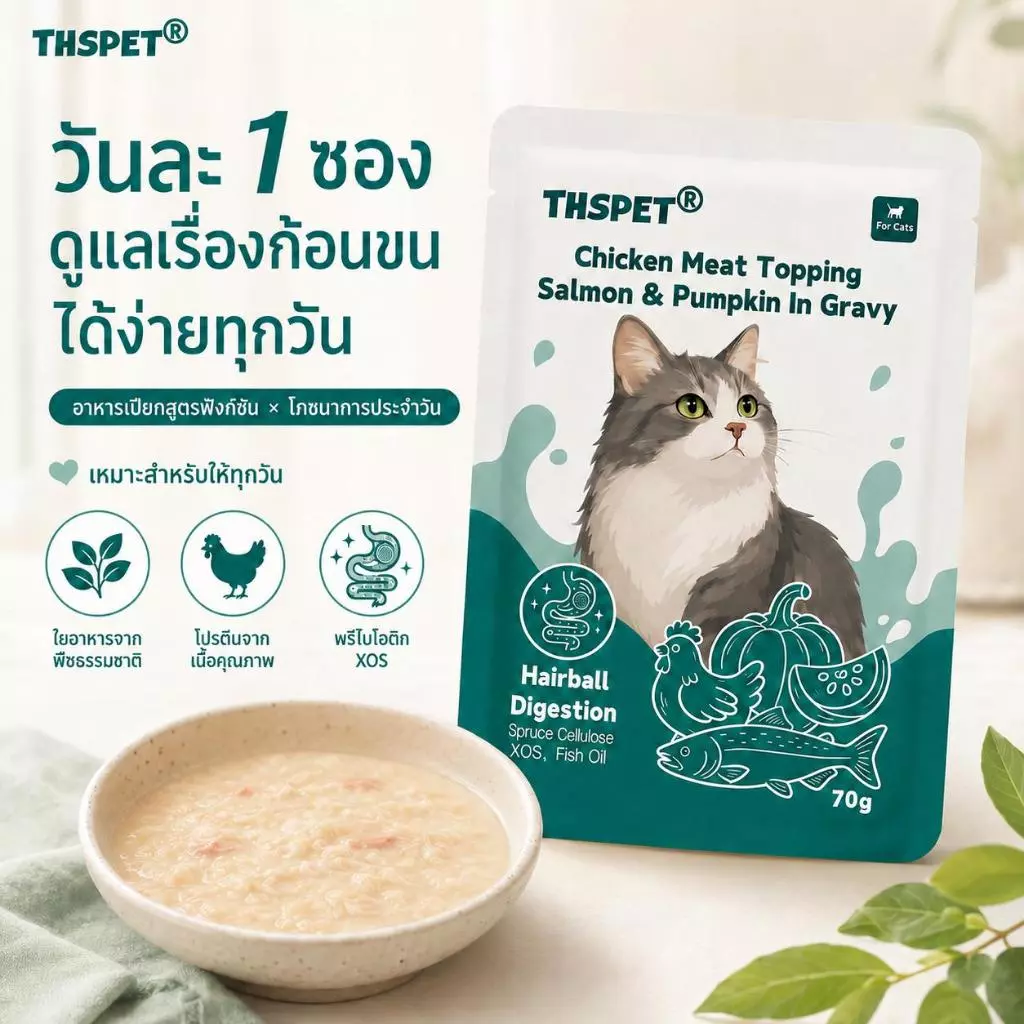 THSPET 70g อาหารสัตว์เลี้ยงเปียก รสไก่ แซลมอน และน้ำฟักทอง สูตรควบคุมก้อนขน