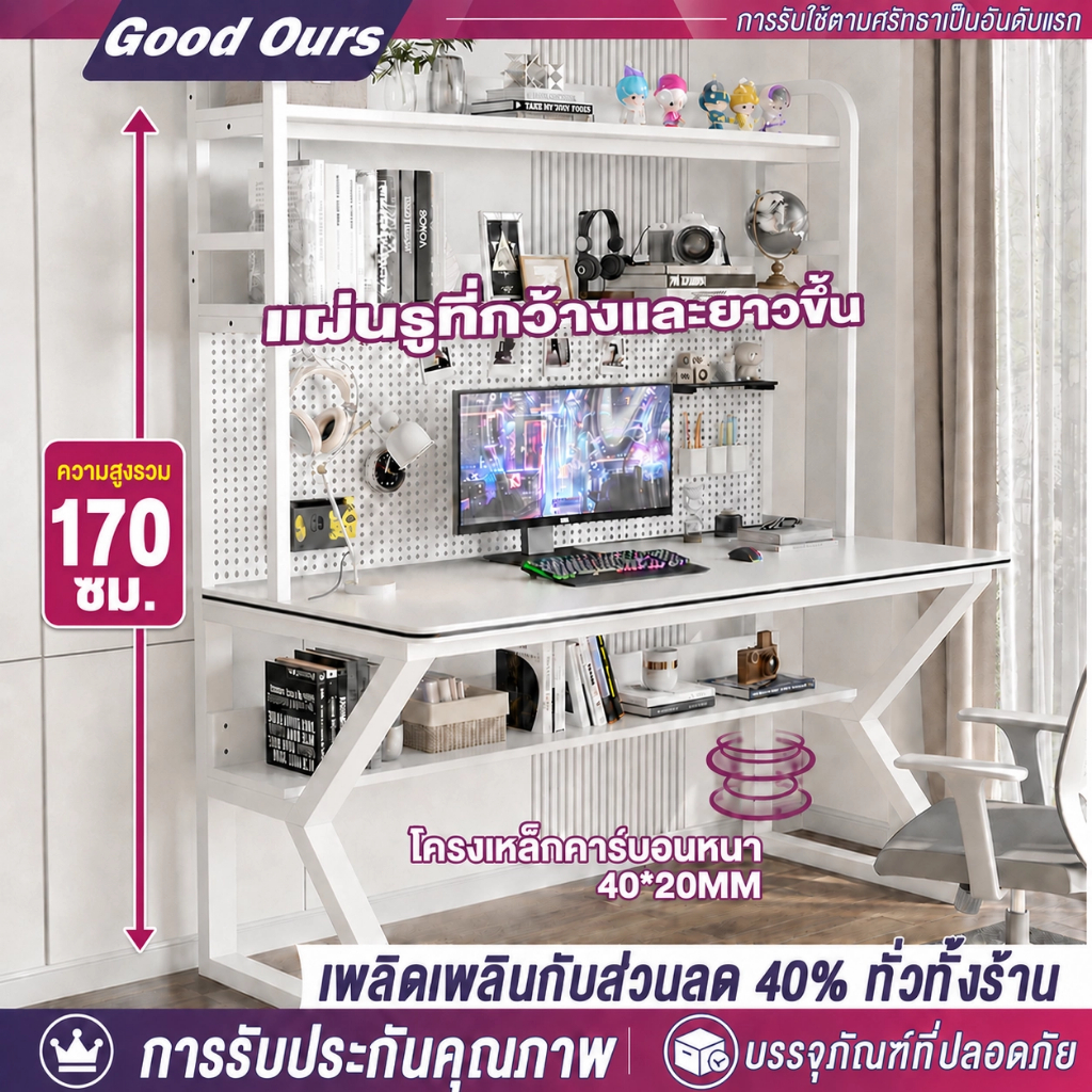 G&O โต๊ะคอมพิวเตอร์💥สูง 170CM💥โต๊ะทำงาน All in One พร้อมชั้นวาง+Pegboard 140/120/100/80CM โครงเหล็กแข็งแรง