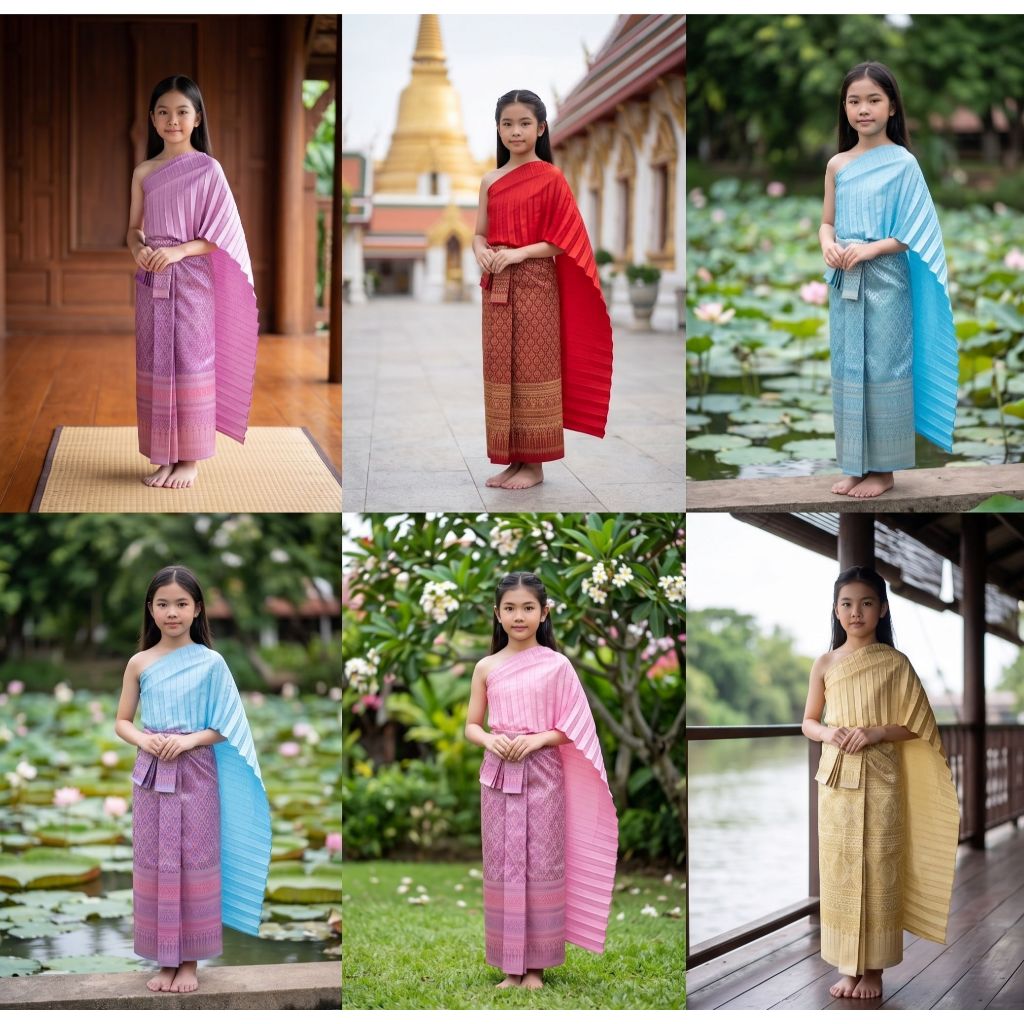 ชุดไทยเด็กผ้าถุง(ยางยืด)สำเร็จรูปใส่ง่ายใส่สบายพร้อมส่งมีหลายสี