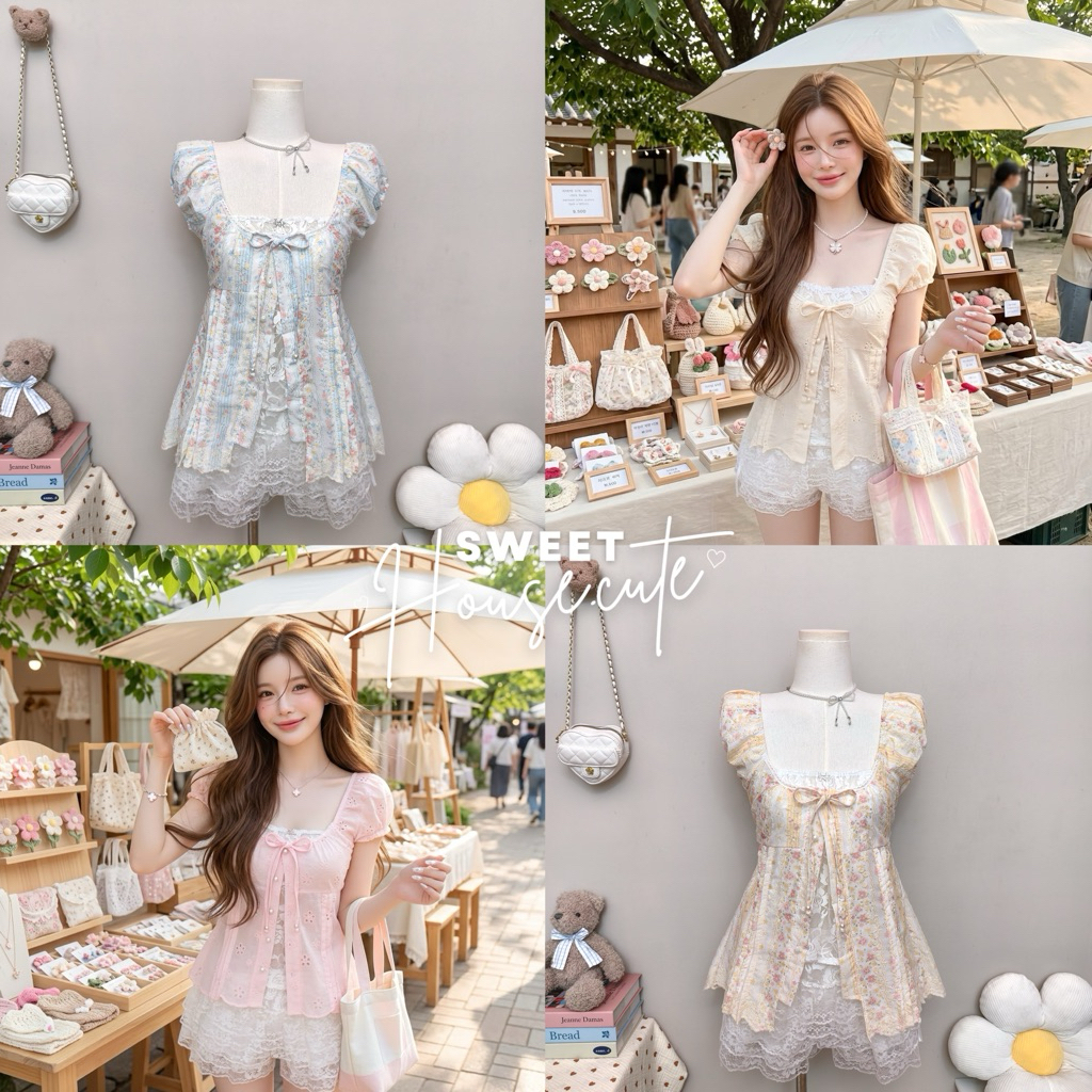 SweetHouse #761 เสื้อแขนตุ๊กตา 2 ชั้น ผ้าฉลุลายดอกไม้ แต่งโบว์ลูกไม้ สไตล์เกาหลี + กางเกงลูกไม้