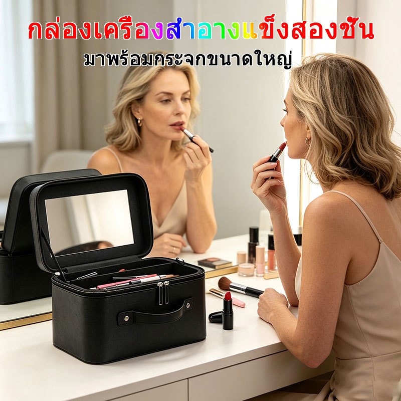 【toread_mall】กล่องเครื่องสำอาง ทรงแข็ง 2 ชั้น สีดำ พร้อมกระจกขนาดใหญ่