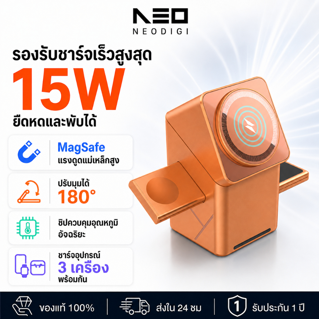 NEODIGI 15W Magnetic 3 in 1 แท่นชาร์จหูฟังไร้สาย Wireless Charger สําหรับ Phone 17 16 15 PRO MAX Wat
