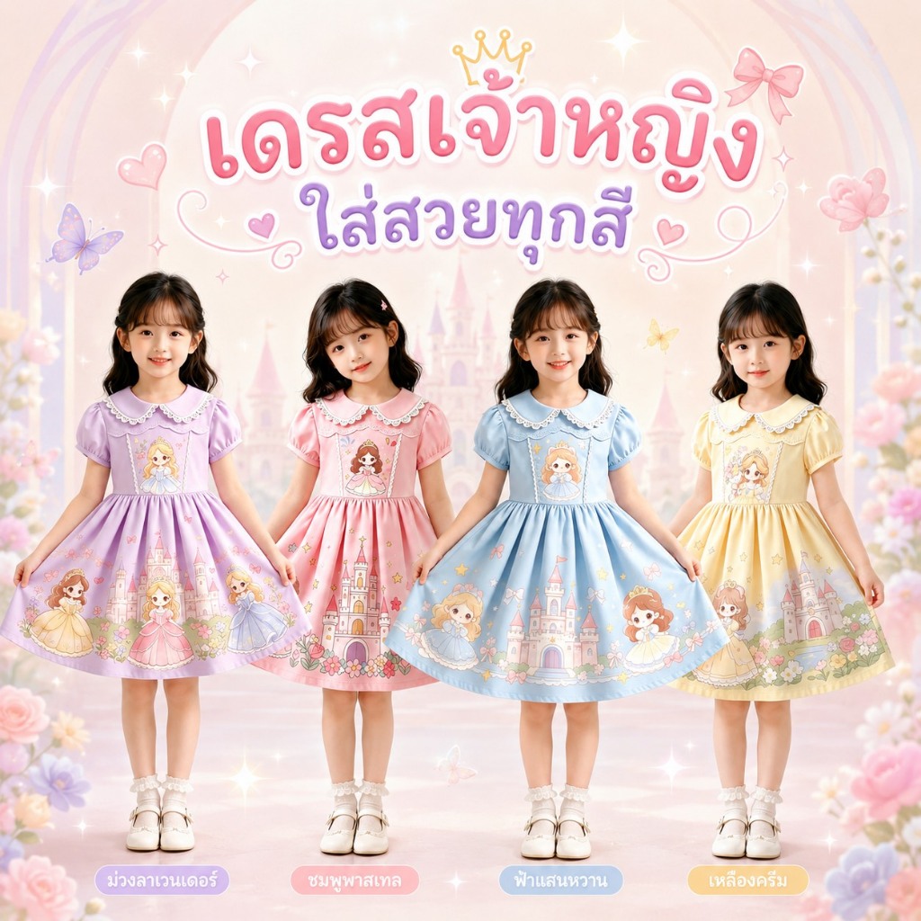 MC339 เดรสการ์ตูนน่ารักเด็กผู้หญิง คอปกลูกไม้ แขนสั้น ลายเจ้าหญิง ใส่สบาย