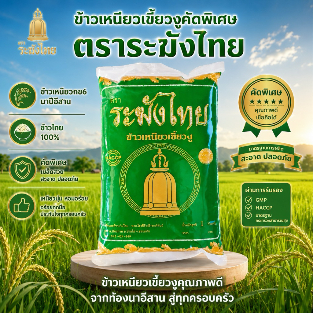 ข้าวเหนียวเขี้ยวงูคัดพิเศษ ตราระฆังไทย​ ขนาด​ 1​ กก.​ ข้าวเหนียวใหม่นาปีพรีเมี่ยม