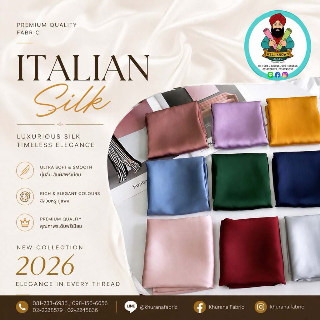 ไหมอิตาลี Polyester dyed (แจ้งสีทางแชท หรือหมายเหตุได้เลยค่ะ)สั่งซื้อขั้นต่ำ2หลา