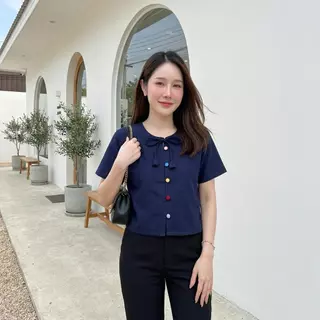 เสื้อผ้าฝ้ายผู้หญิง คอกลม ผูกโบว์ดอกทิวลิป กระดุมสีพาสเทล ผ้าฝ้ายชินมัย ผ้าดีใส่สบาย