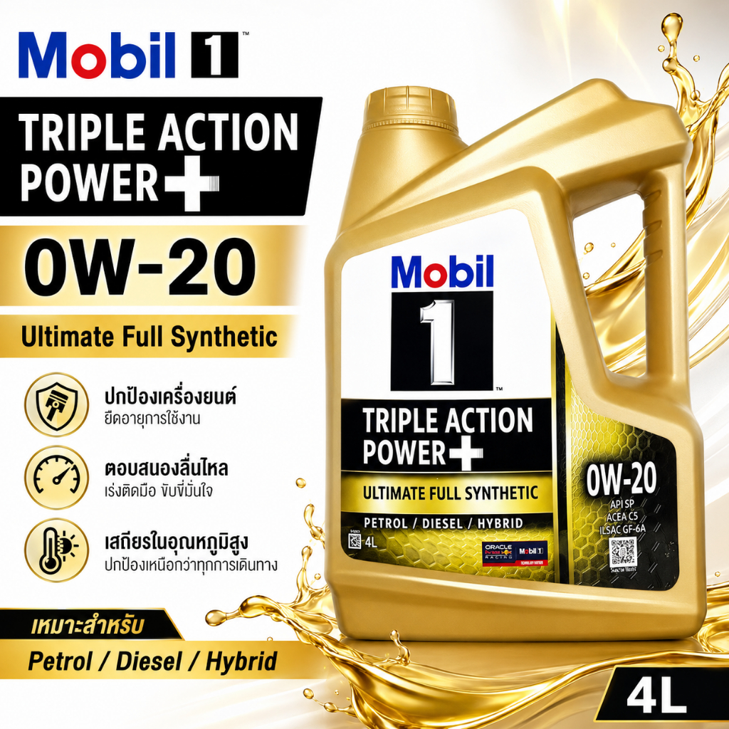 Mobil 1 0W-20 Triple Action Power+ น้ำมันเครื่องสังเคราะห์ 4L นำเข้าสิงคโปร์