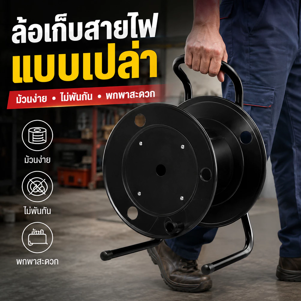 โรลเก็บสายไฟแบบเปล่า ล้อเก็บสายไฟพร้อมขาตั้ง แข็งแรง พกพาสะดวก สำหรับจัดเก็บสายไฟ สายพ่วง งานช่าง DIY และงานก่อสร้าง