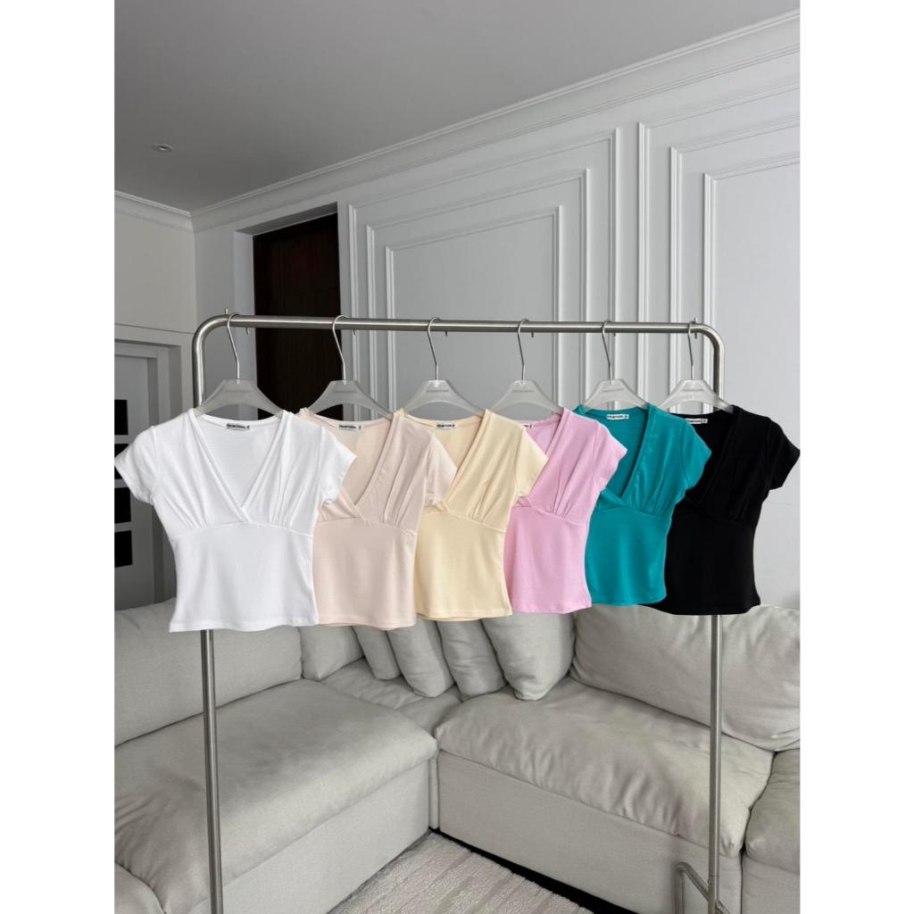 PTSH078 Ruched V-Neck Fitted Top เสื้อเข้ารูปคอวีจับจีบ PROMTHONG