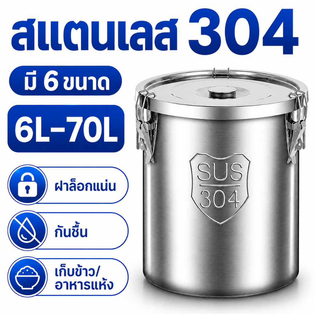 ถังเก็บข้าวสแตนเลส 304 ถังเก็บข้าวสาร 6L-70L ฝาล็อกพร้อมขอบซีล เก็บข้าว ธัญพืช อาหารแห้ง