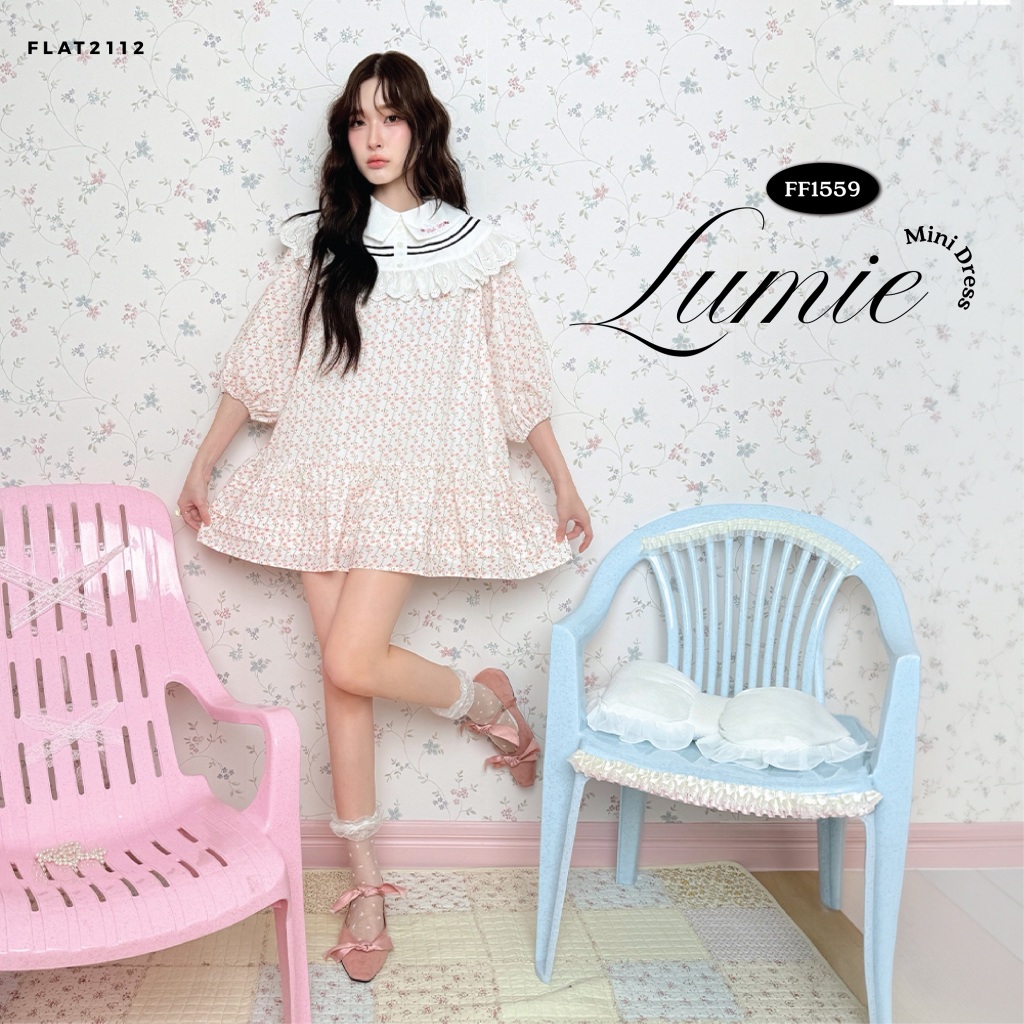 FLAT2112 : LUMIE MINI DRESS เดรสสั้นลูกคุณหนู ทรงเบบี้ดอลพรางหุ่น ลุคคุณหนูเกาหลีน่ารัก เดรสโอเวอร์ไซส์น่ารักๆ (FF1559)