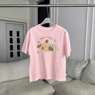 เสื้อ Boxy tee สไตล์เกาหลี ผู้หญิง พิมพ์ลายกระรอกโบว์น่ารัก ทรงกว้าง แขนสั้น ผ้าคอตตอน ใส่สบาย