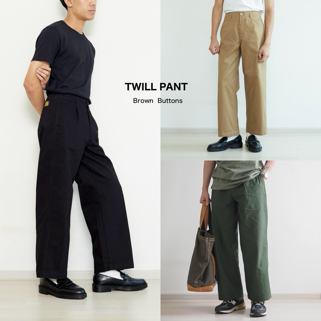BROWN BUTTONS TWILL PANTS กางเกงทรงกระบอกตรง ขากว้าง