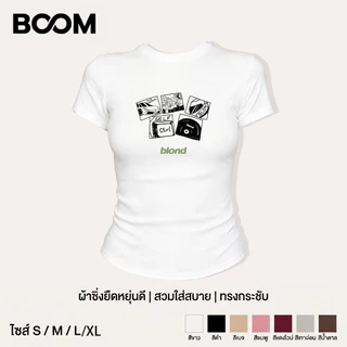เสื้อเบบี้ที baby tee Y2K สไตล์เกาหลี ผู้หญิง พิมพ์ลายแผ่นเสียงอัลบั้มข้อความภาษาอังกฤษ แขนสั้น ทรงกระชับ แสดงรูปร่าง