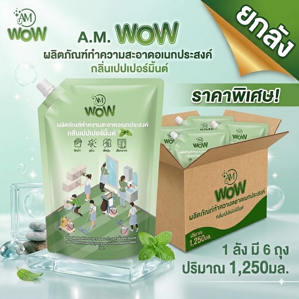 A.M. WOW น้ำยาทำความสะอาดอเนกประสงค์ กลิ่นเปปเปอร์มินต์ 1,250 มล. ยกลัง 6 ถุง