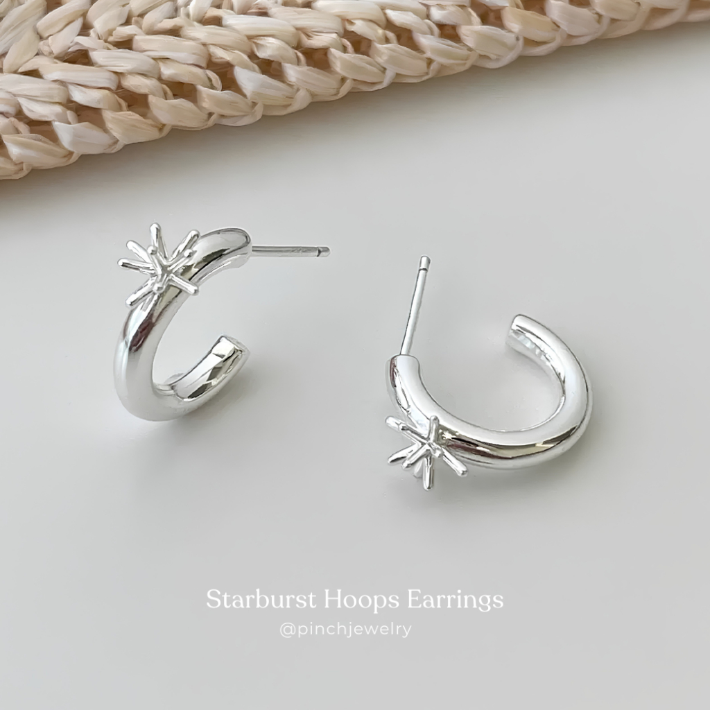 Pinch Starburst Hoops Earrings ต่างหูห่วงประกายดาว ก้านเงิน S95