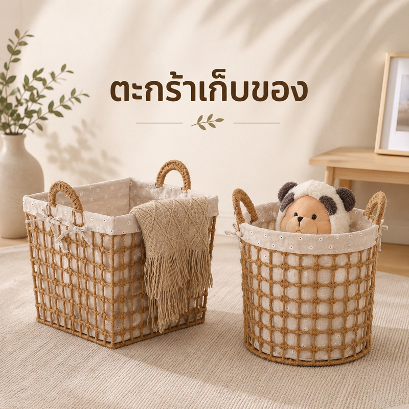 ตะกร้าเชือกสาน+หูหิ้ว แบบกลม, แบบเหลี่ยม ตะกร้าเชือกสานมีผ้าซับด้านใน ตะกร้าเก็บของมินิมอล มีหูจับ ใส่ผ้า ของเล่น จัดระเ