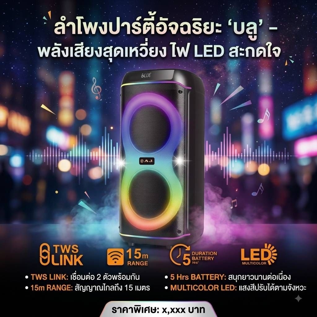 AJลำโพงบลูทูช รุ่น X3000ดอก8"×2 กำลังขับ150วัตต์ ไมล์ลอย2ตัว ไฟแบต ไฟบ้านได้