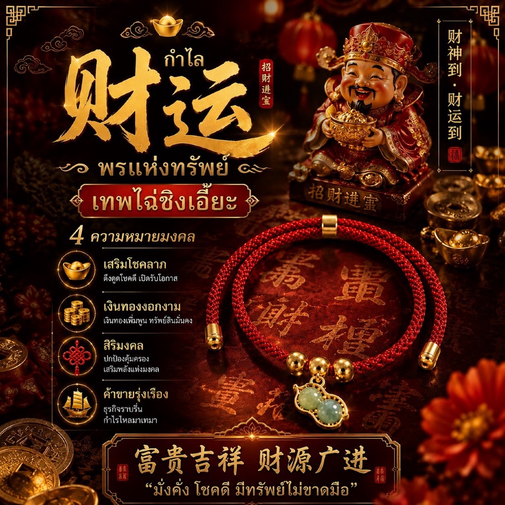 กำไลด้ายแดง ทรัพย์ไหลมา เทพไฉ่ซิงเอี๊ย (财神) โชคลาภ เงินทอง การค้าขาย และความมั่งคั่ง *ปลุกเสกแล้ว*