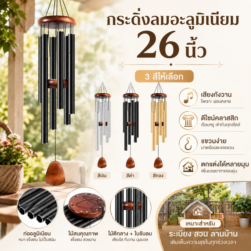 [24h Ship]ระฆังลมท่ออลูมิเนียมคลาสสิกขนาด 26 นิ้ว พร้อมป้ายแขวนไม้ ตกแต่งฟาร์มเฮาส์ ลานบ้าน สวน ระเบียง ทางเดิน