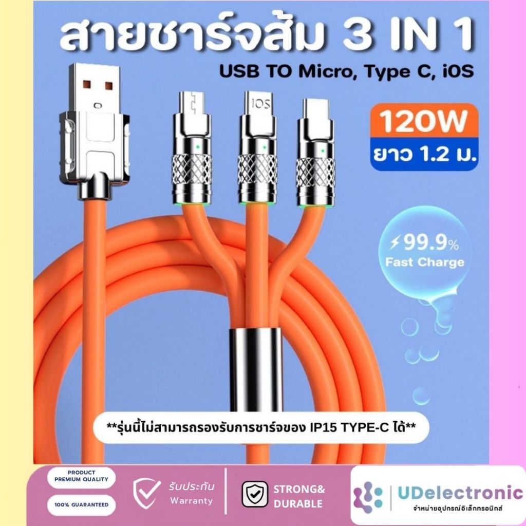 UDelectronic สายชาร์จ สายชาร์จส้ม Fast Charge 5A 120W ยาว 1.2 ม. 3in1 USB to / Micro / Type-C / i0S