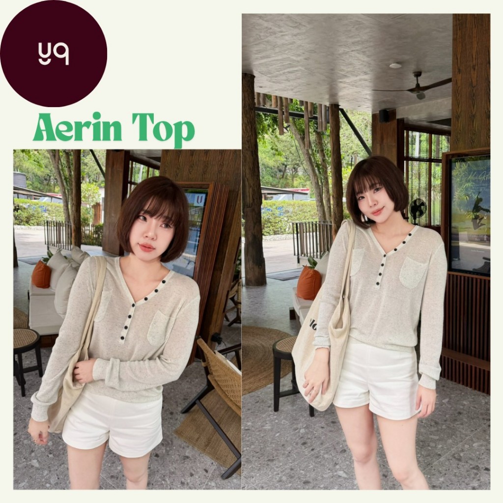 C201 YQKOREANSHOP Aerin Top เสื้อคอวีผ้าสีเทากระกระดุมดำาแขนยาว ป้ายYQ