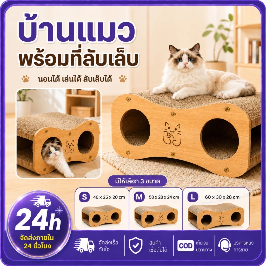 PETWELL ที่ลับเล็บแมว 2 ชั้น พร้อมบ้านแมว ระบายอากาศดี ทนต่อการข่วน ไม่หลุดร่วงง่าย