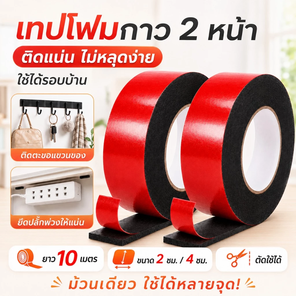 เทปโฟม เทปกาวสองหน้า ยาว10เมตร ไร้รอย ไม่ทิ้งคราบกาว ใช้ติดผนัง รถยนต์ กระจก กระเบื้อง กันน้ำ แรงยึดสูง ม่หลุดล่อน