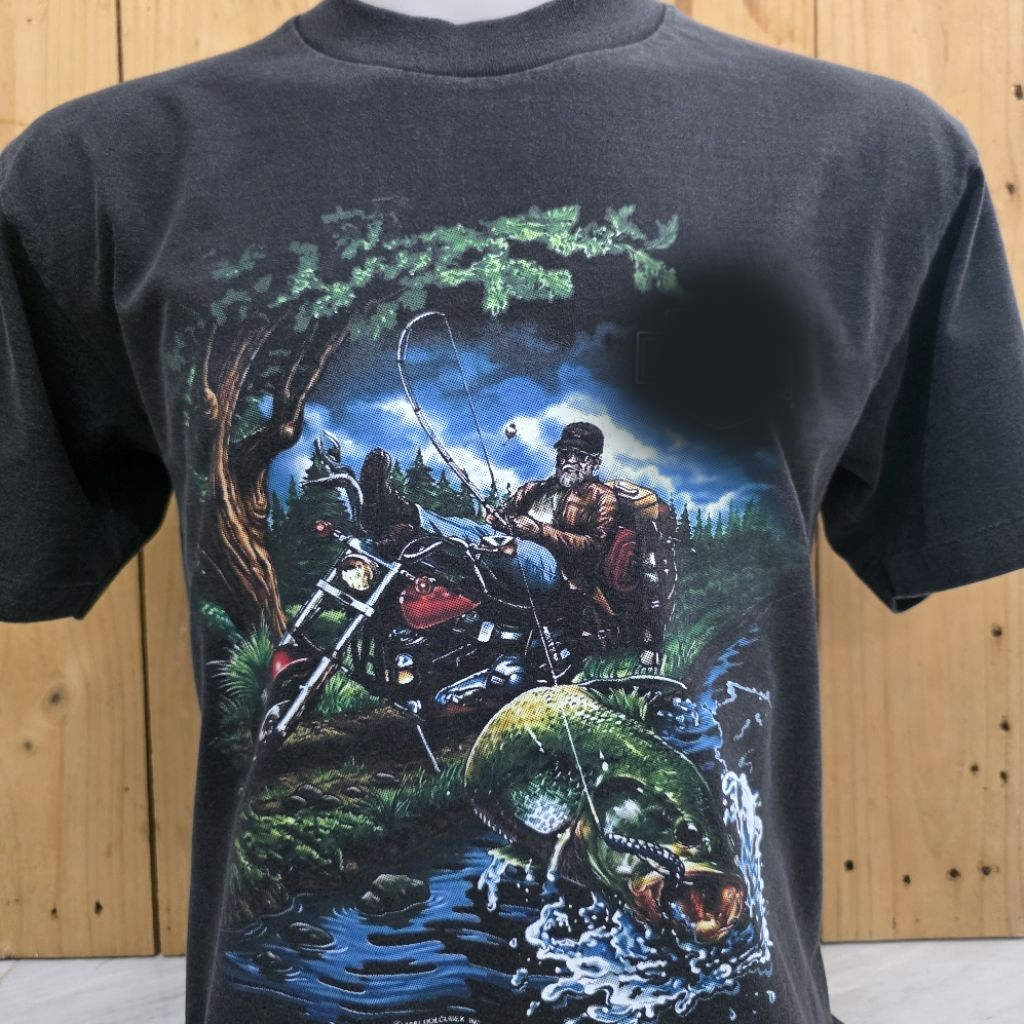 เสื้อฟอกเฟด เสื้อ3d ลายคนตกปลา ผ้าcotton  ไม่มีตะเข็บข้างชายเย็บเดี่ยว Man ผู้ชาย Clothing คอกลม  วินเทจ