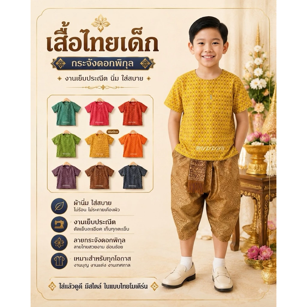 เสื้อเด็กลายไทยประยุกต์ ลายกระจังดอกพิกุล งานโรงเรียน งานลอยกระทง วันสำคัญๆ ประเพณีไทย