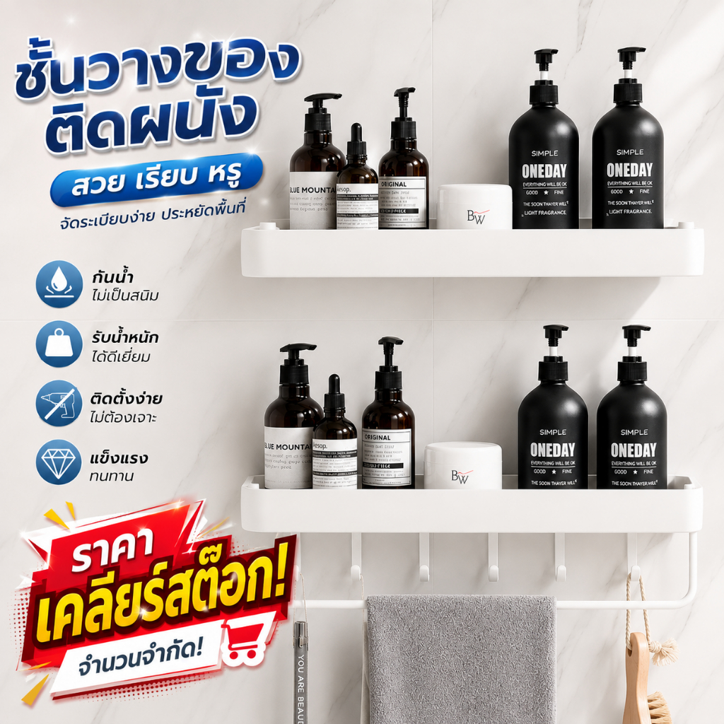 singaye ชั้นวางของในห้องน้ำ 30-60cm ที่วางของอลูมิเนียม ที่เก็บของใช้มราวเเขวนผ้า มีหลายขนาดให้เลือก เเข็งเเรง ทนทาน