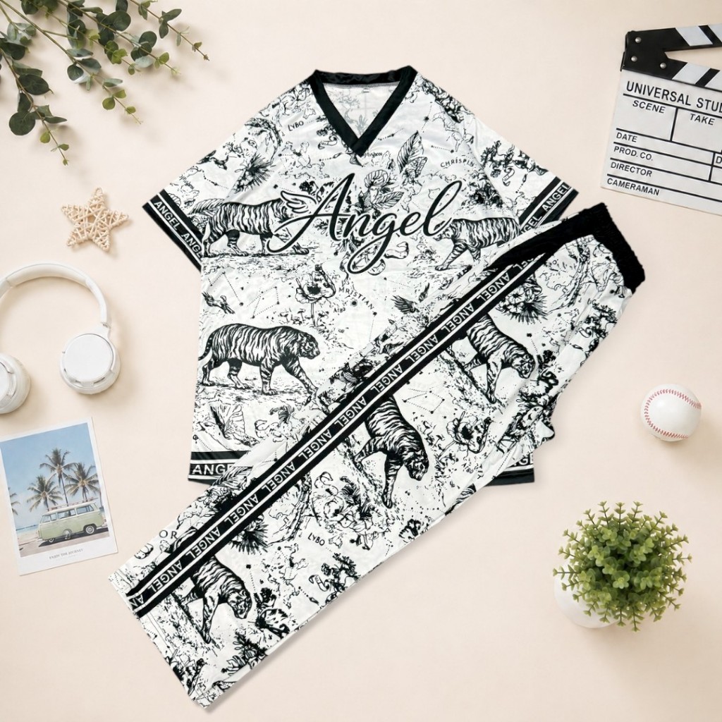 ( Bset57 ) ชุดเซท เสื้อ กก.ขายาว Angel เสือ คอวี sport ฟรีไซส์