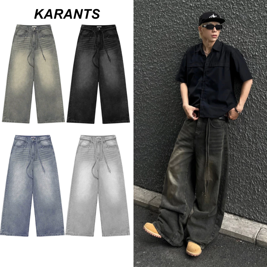 [ สินค้าเข้าเยอะ ] (แถมเข็มขัด) Karants กางเกงยีนส์ Straight เรียบ ขาบาน S-2XL Streetwear Unisex ชาย-หญิง - KQ99
