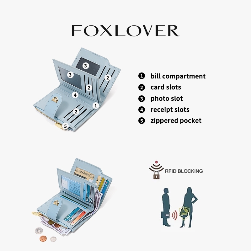 FOXLOVER محفظة نسائية قصيرة 10 بطاقات بجيب عملات — صورة 7