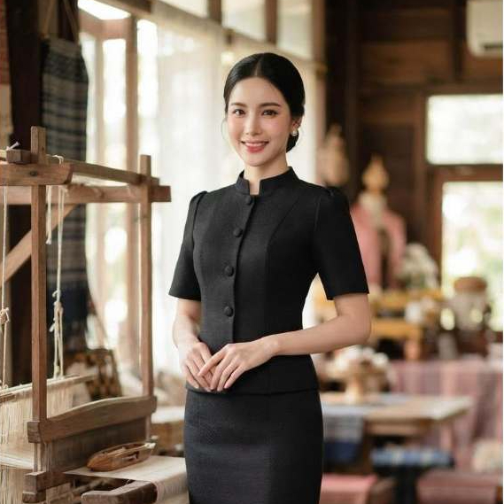 เสื้อผ้าฝ้ายลินินจิตรลดาแขนสั้นสีดำ (ป11)