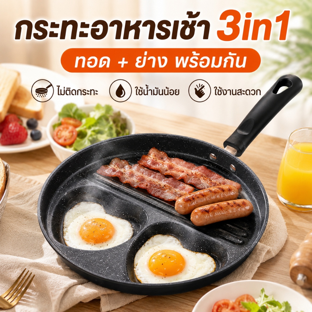 กระทะอาหารเช้า 4 หลุม 3 หลุม แบบรูปหัวใจ กระทะทอดไข่ไม่ติด ทำหลายเมนูพร้อมกัน แพนเค้ก แฮม ไส้กรอก ล้างง่าย