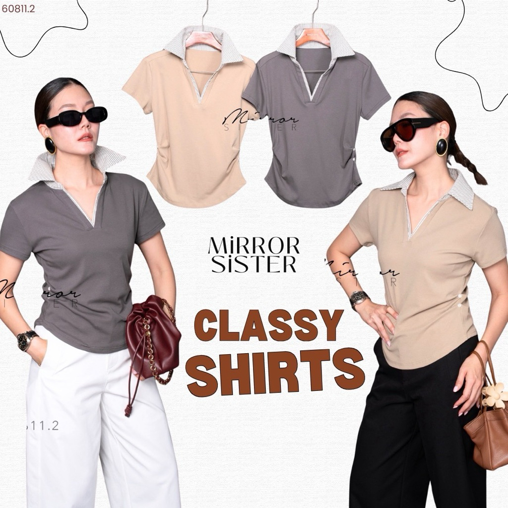 MRS | MIRRORSISTER🔖60811.2 เสื้อคอปกเสื้อเป็นผ้าลายริ้วเล็ก