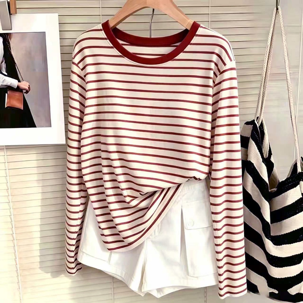 เสื้อยืดแขนยาวลายทางผู้หญิง สีแดงขาว สไตล์เกาหลี ผ้านุ่มใส่สบาย เสื้อใส่ประจำวัน