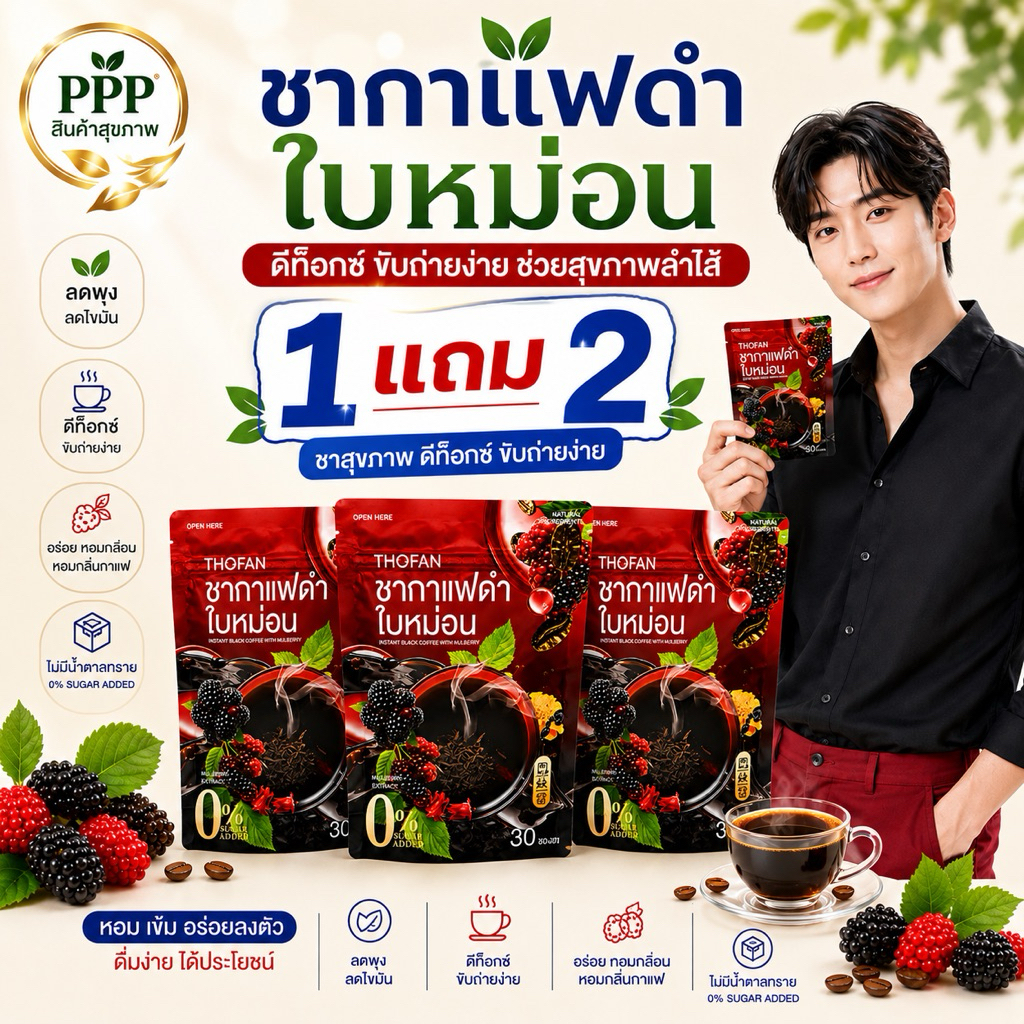 ชากาแฟดำใบหม่อน☕️1แถม2☘️ชาสมุนไพร ชากาแฟเพื่อสุขภาพ INSTANT BLACK TEA COFFEE WITH MULBERRY
