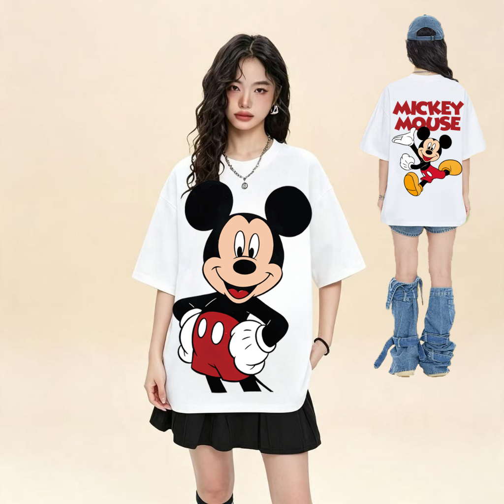 (จัดส่งตลอด 24 ชั่วโมง）REOY_STUDIO เสื้อยืด วินเทจ ทรงโอเวอร์ไซส์ Unisex งานใหม่ ทำเก่า สกรีนลายหน้าหลัง ลายมิ๊กกี้