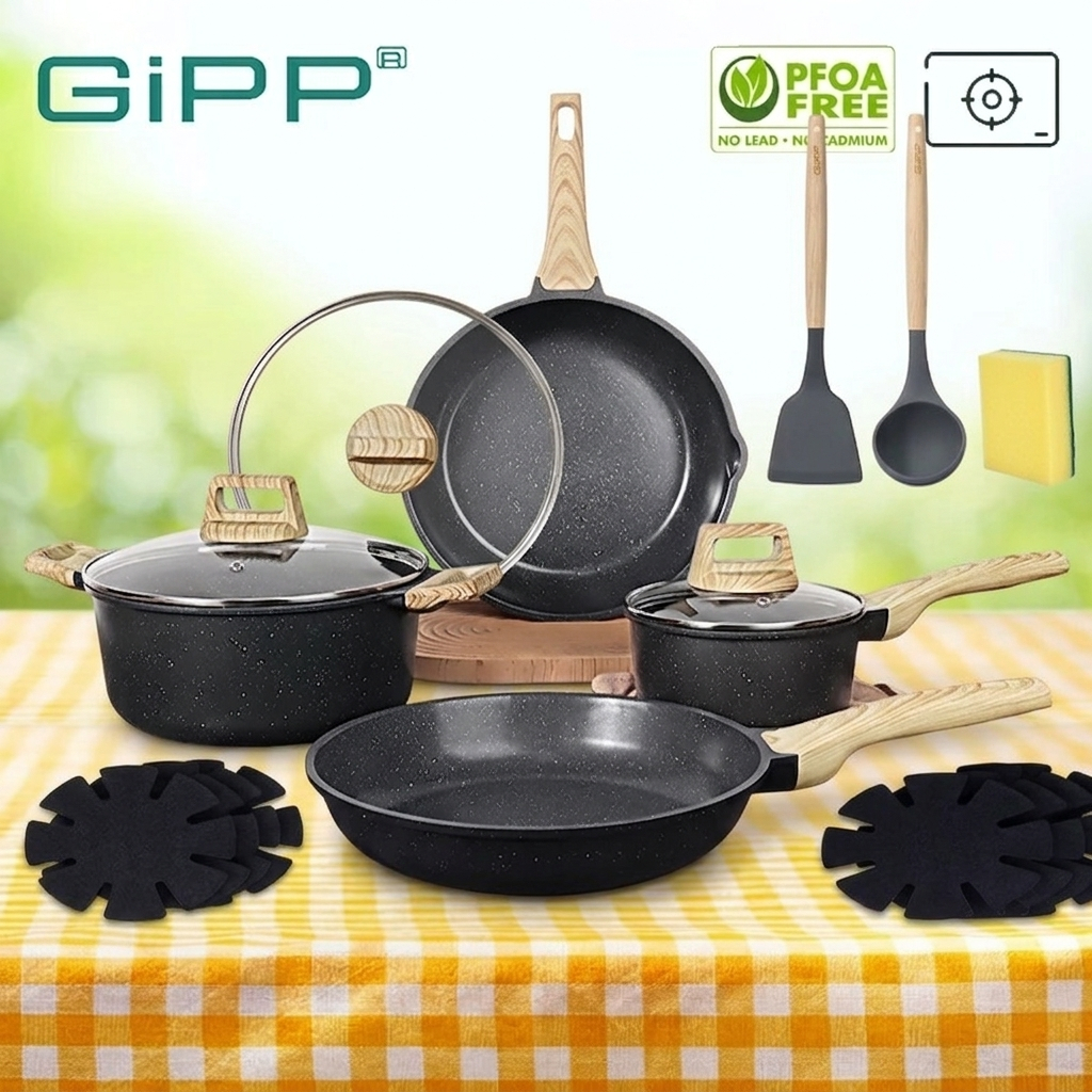 GIPP ชุดเครื่องครัวเซรามิค 14ชิ้น กระทะผัด หม้อซุป กระทะก้นลึก PFAS& PTFE& PFOA ฟรีเหมาะสําหรับเตาทั้งหมด (แก๊ส, ไฟฟ้า)