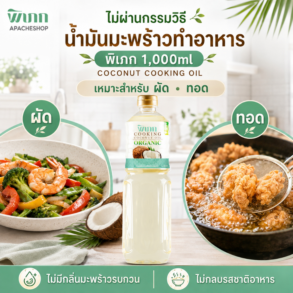 น้ำมันมะพร้าวทำอาหาร พิเภก 1,000ml Coconut Cooking Oil สำหรับผัด ทอด ไม่ผ่านกรรมวิธี