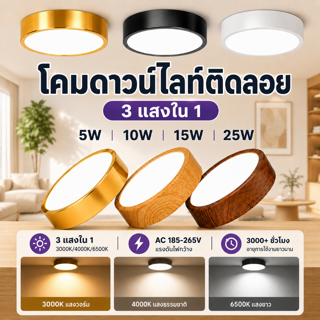 ไฟดาวน์ไลท์ led 3 สี ดาวน์ไลท์ติดลอย โคมไฟดาวน์ไลท์ติดลอย โคมไฟเพดาน Downlight ไฟled ใช้สำหรับห้องนอนห้องครัว