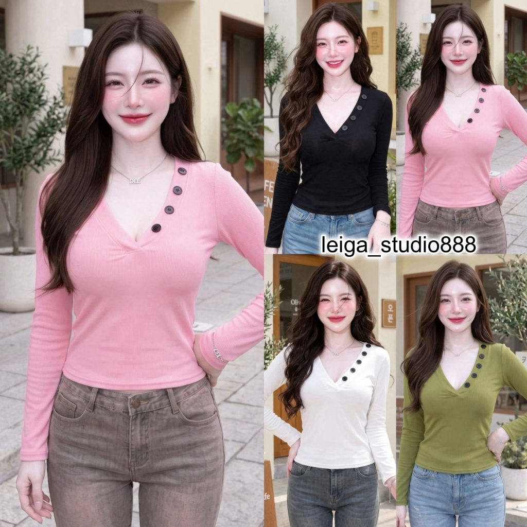 เสื้อแฟชั่น ผ้าร่องเกาหลี แขนยาว คอวีดีเทลแต่งกระดุมคอ ใส่แมท ใส่เที่ยว สายคาเฟ่ LG361